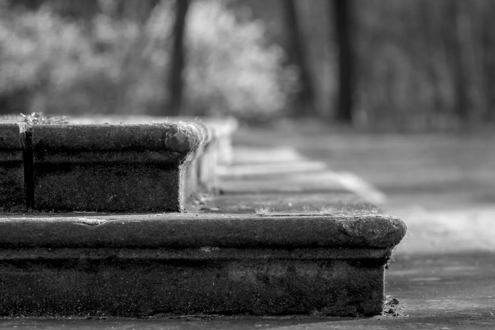 Worn stone steps photographed in black and white, the treads and nosings rounded by generations of use - material that was built to last and has
